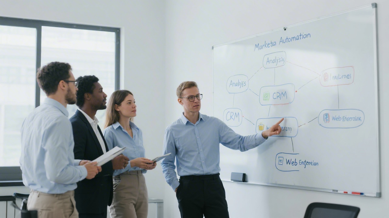 Team of professionals discussing a workflow diagram connecting marketing automation, analytics, CRM, and web infrastructure on a whiteboard in a clean office