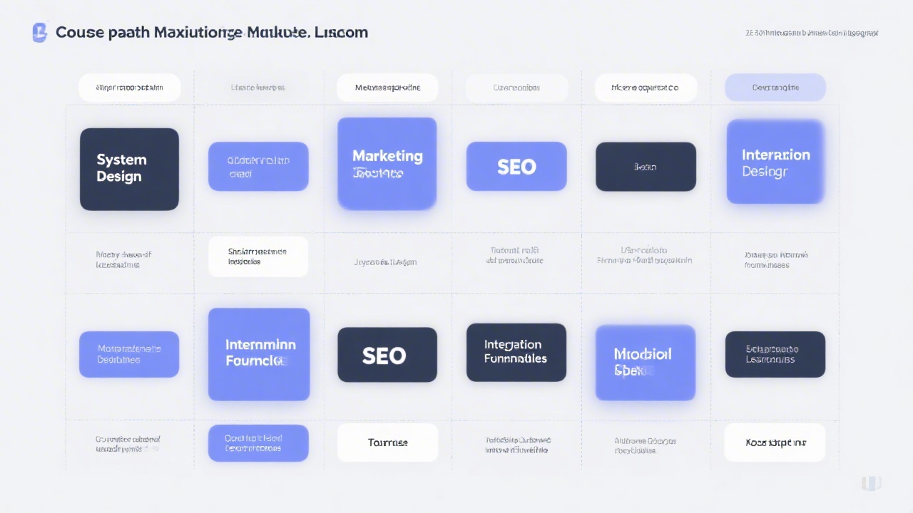 Visual layout of modular learning blocks arranged on a grid, each block labeled with system design, marketing, SEO, and integration fundamentals for a course pathway