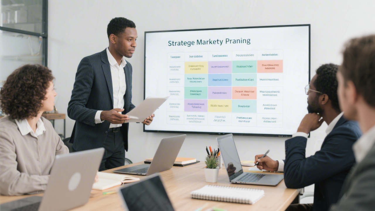 Strategic marketing planning session with laptops, notebooks, and a visible matrix showing target segments and positioning statements
