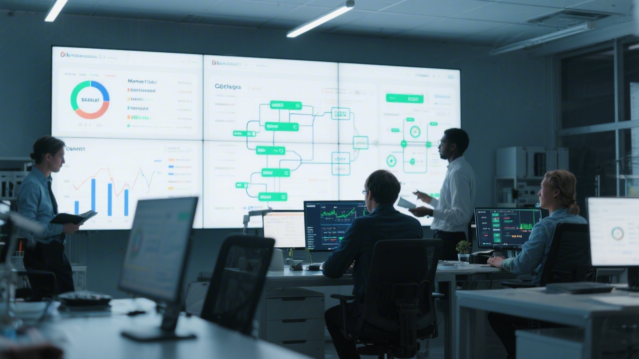 Professional digital lab with a team analyzing integration workflows on large screens, showing marketing data, SEO health, and system architecture