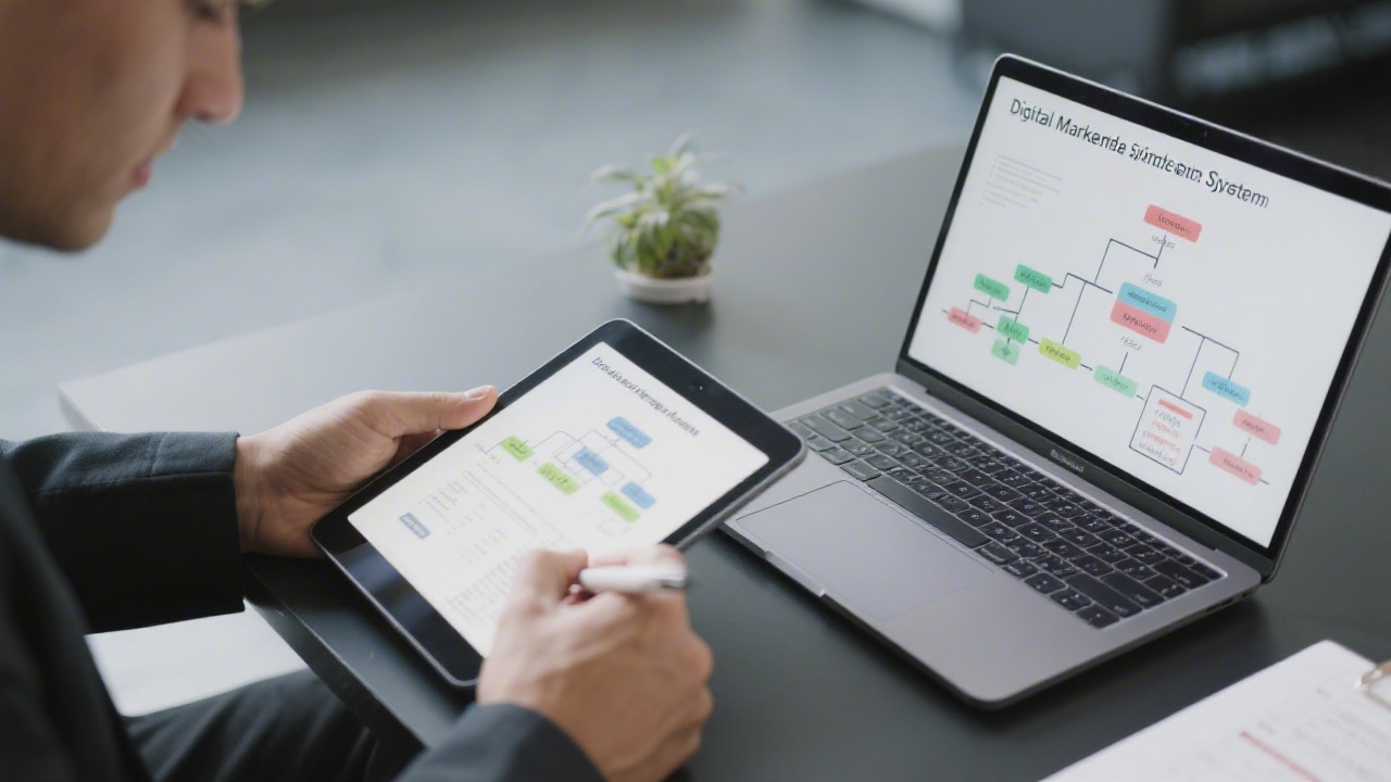 Person documenting business requirements on a tablet while reviewing a digital marketing system diagram next to a laptop