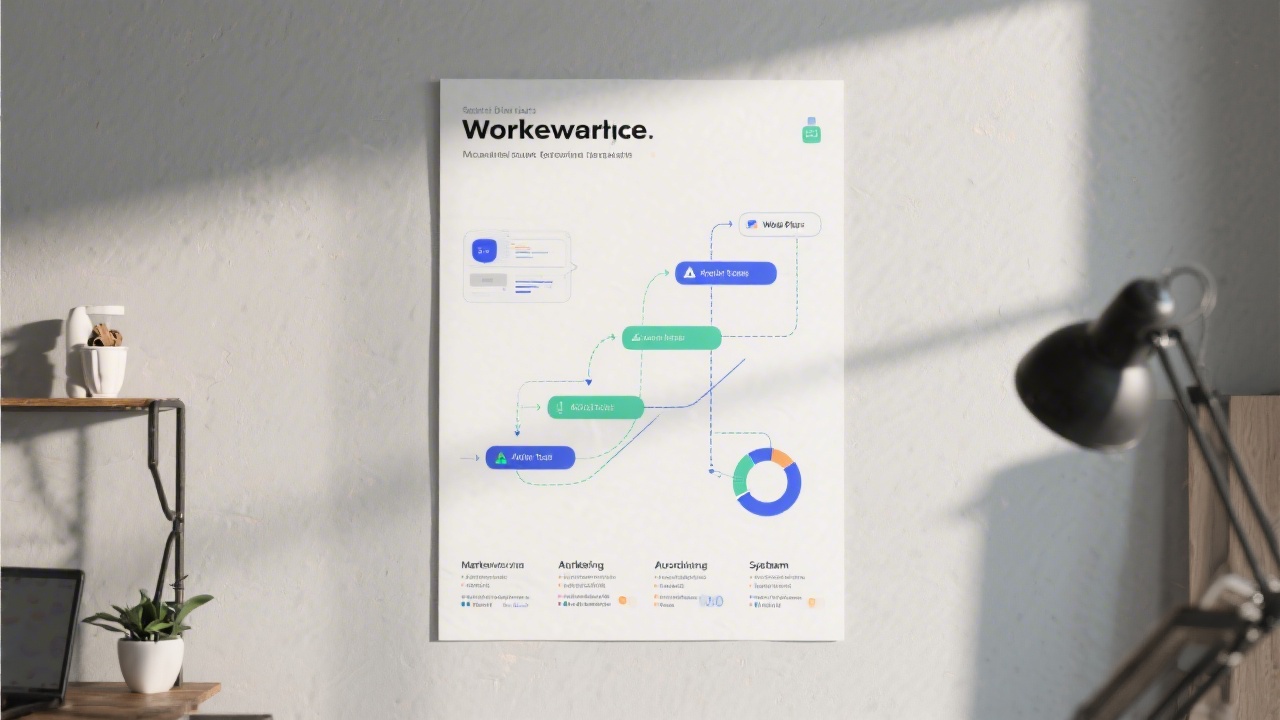 Workflow map poster on a studio wall showing step-by-step integrations between web platforms, analytics tools, and marketing automation systems